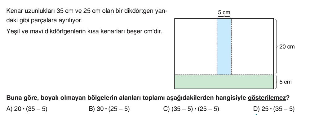 Kenar uzunlukları 35 cm ve 25 cm olan bir dikdörtgen yandaki gibi parçalara ayrılıyor. Yeşil ve mavi