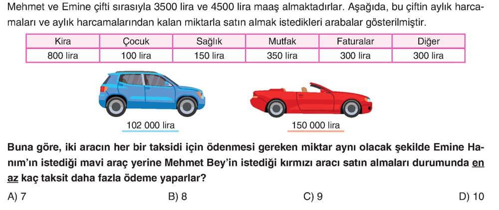 Mehmet ve Emine çifti sırasıyla 3500 lira ve 4500 lira maaş almaktadırlar. Aşağıda, bu çiftin aylık