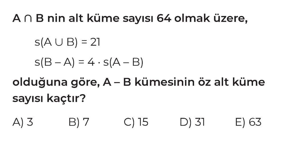 A ∩ B nin alt küme sayısı 64 olmak üzere, s(A ∪
