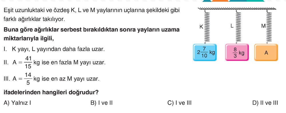 Eşit uzunluktaki ve özdeş K, L ve M yaylarının uçlarına şekildeki gibi farklı ağırlıklar takılıyor