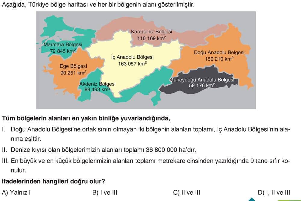 Aşağıda, Türkiye bölge haritası ve her bir bölgenin alanı gösterilmiştir. Tüm bölgelerin alanları en