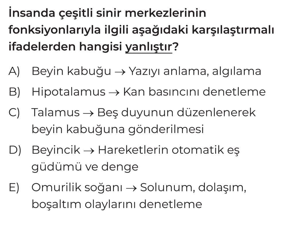 İnsanda çeşitli sinir merkezlerinin fonksiyonlarıyla ilgili aşağıdaki karşılaştırmalı ifadelerden