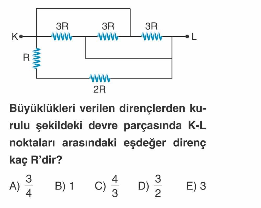 Büyüklükleri verilen dirençlerden kurulu şekildeki devre parçasında K-L noktaları arasındaki eşdeğer