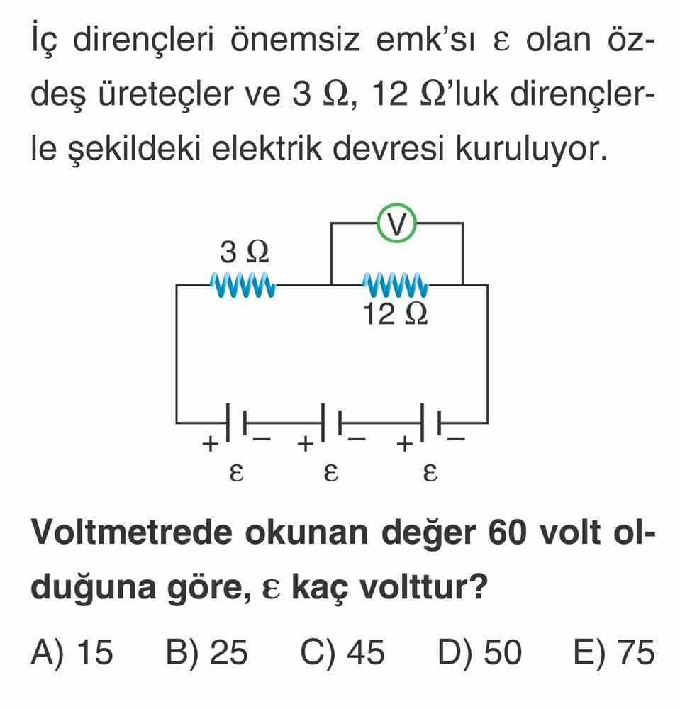 İç dirençleri önemsiz emk'sı ε olan özdeş üreteçler ve 3 Ω, 12 Ω'luk dirençlerle şekildeki elektrik