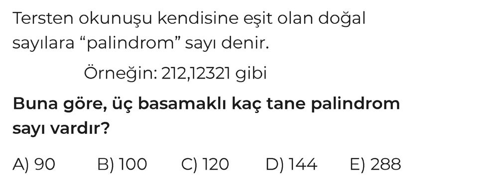 Tersten okunuşu kendisine eşit olan doğal sayılara "palindrom" sayı denir. Örneğin: 212,12321 gibi