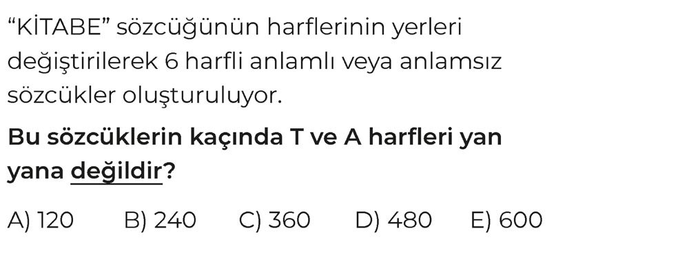 "KİTABE" sözcüğünün harflerinin yerleri değiştirilerek 6 harfli anlamlı veya anlamsız sözcükler