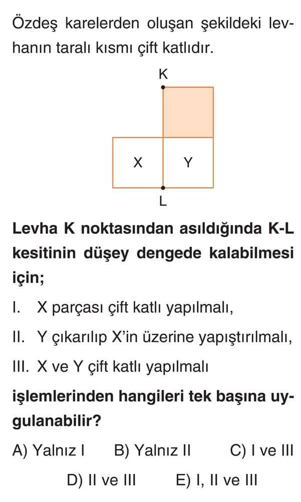 Özdeş karelerden oluşan şekildeki levhanın taralı kısmı çift katlıdır. Levha K noktasından