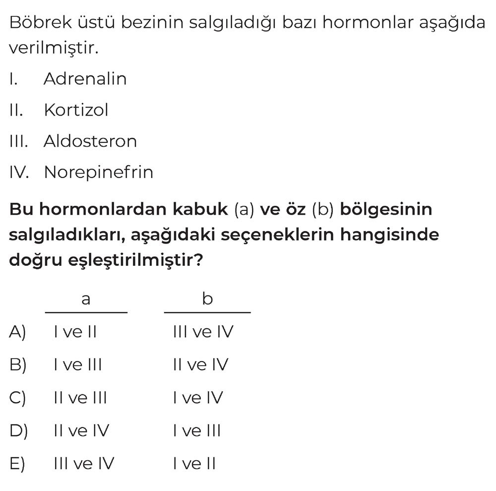 Böbrek üstü bezinin salgıladığı bazı hormonlar aşağıda verilmiştir. I. Adrenalin II. Kortizol III