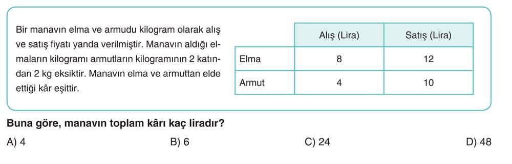 Bir manavın elma ve armudu kilogram olarak alış ve satış fiyatı yanda verilmiştir. Manavın aldığı