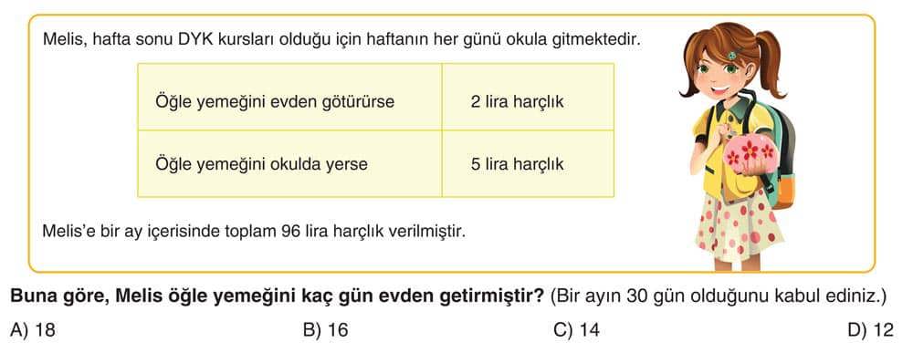 Melis, hafta sonu DYK kursları olduğu için haftanın her günü okula gitmektedir. Öğle yemeğini evden