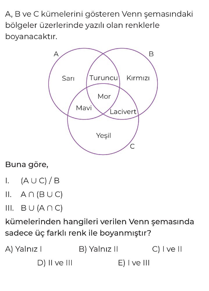 A, B ve C kümelerini gösteren Venn şemasındaki bölgeler üzerlerinde yazılı olan renklerle