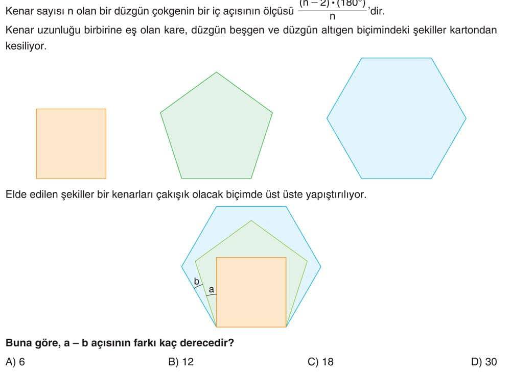 Kenar sayısı n olan bir düzgün çokgenin bir iç açısının ölçüsü (n - 2) · (180°)/n 'dir. Kenar