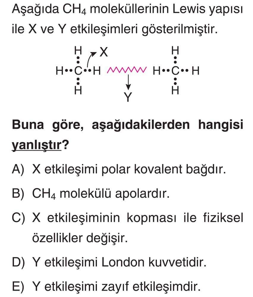 Aşağıda CH₄ moleküllerinin Lewis yapısı ile X ve Y etkileşimleri gösterilmiştir. Buna göre
