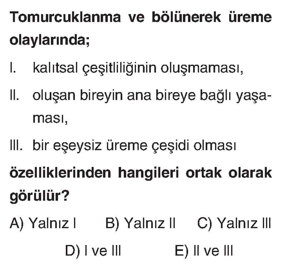 Tomurcuklanma ve bölünerek üreme olaylarında; I. kalıtsal çeşitliliğinin oluşmaması, II. oluşan