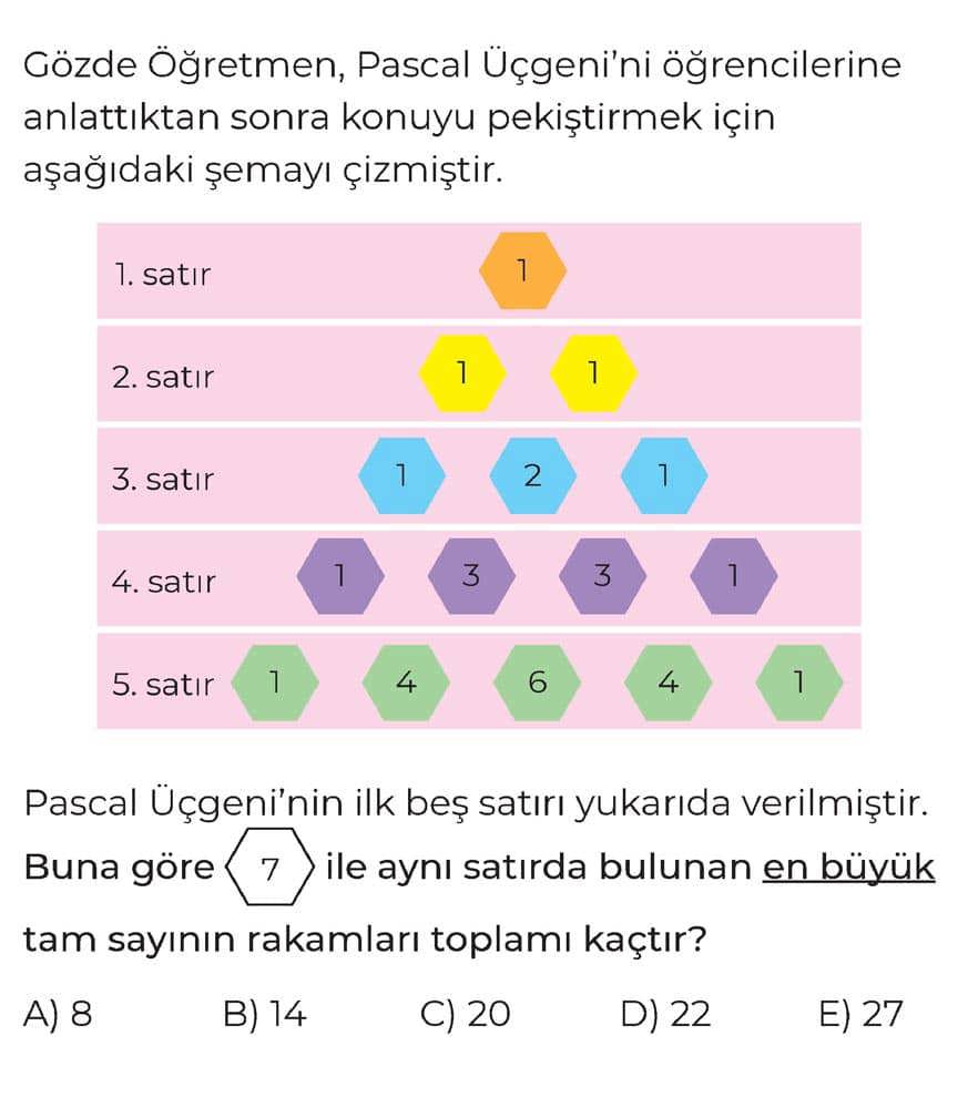 Gözde Öğretmen, Pascal Üçgeni'ni öğrencilerine anlattıktan sonra konuyu pekiştirmek için aşağıdaki