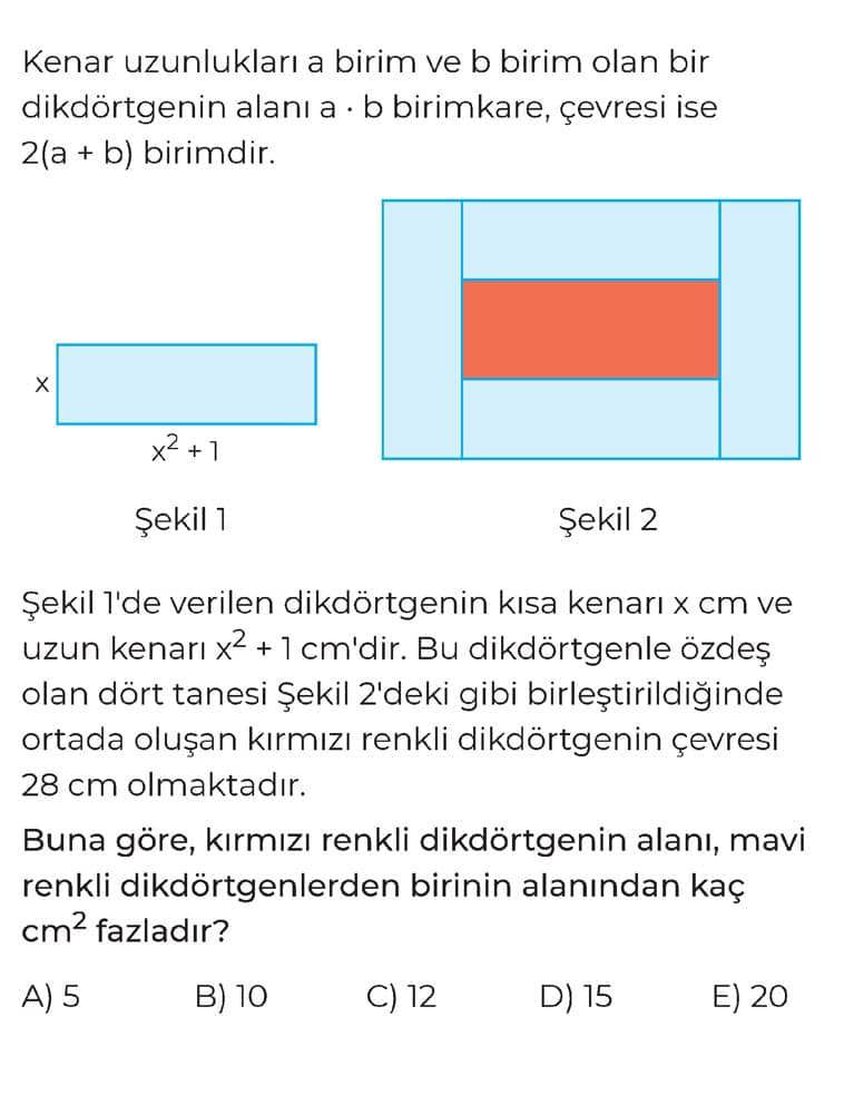 Kenar uzunlukları a birim ve b birim olan bir dikdörtgenin alanı a · b birimkare, çevresi ise 2(a +