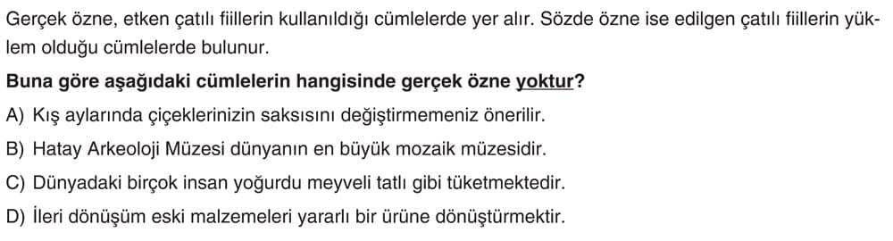 Gerçek özne, etken çatılı fiillerin kullanıldığı cümlelerde yer alır. Sözde özne ise edilgen çatılı