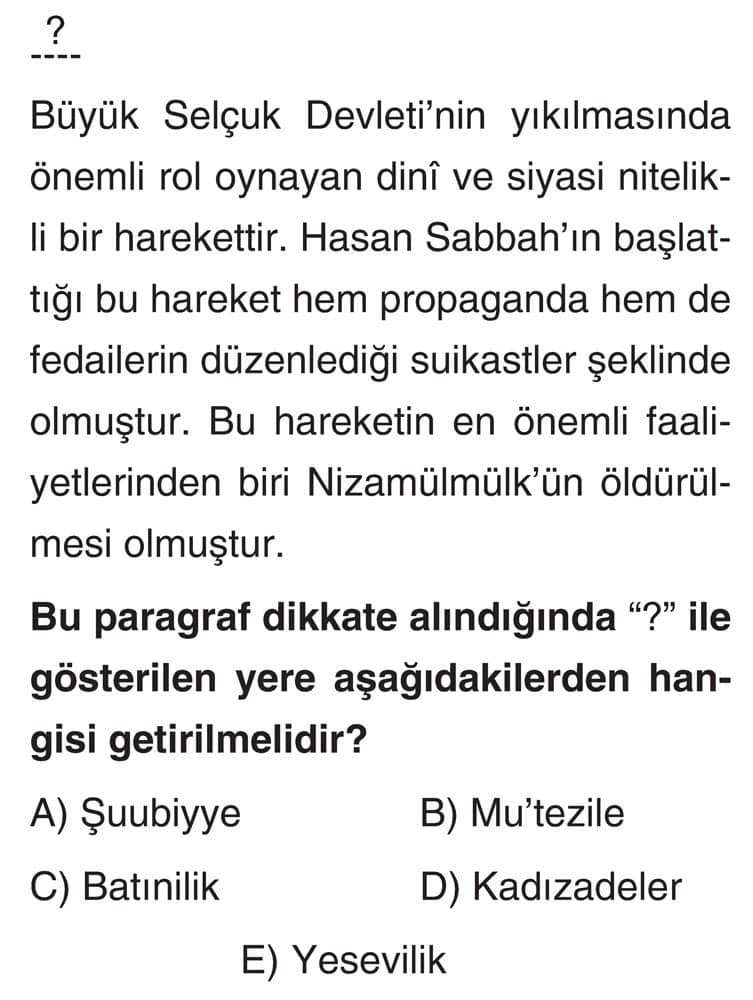 ? ---- Büyük Selçuk Devleti'nin yıkılmasında önemli rol oynayan dini ve siyasi nitelikli bir