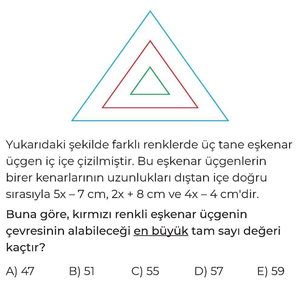 Yukarıdaki şekilde farklı renklerde üç tane eşkenar üçgen iç içe çizilmiştir. Bu eşkenar üçgenlerin