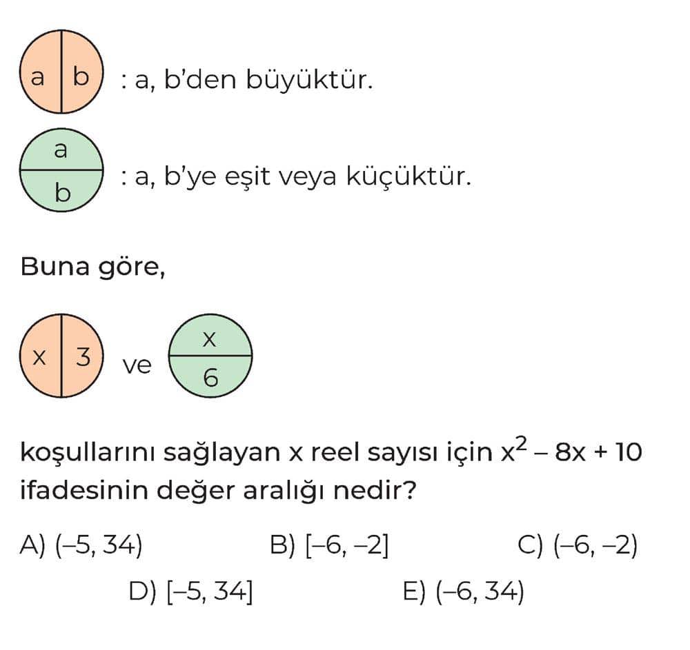 : a, b'den büyüktür. : a, b'ye eşit veya küçüktür. Buna göre, ve koşullarını sağlayan x reel sayısı