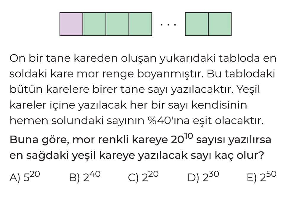 On bir tane kareden oluşan yukarıdaki tabloda en soldaki kare mor renge boyanmıştır. Bu tablodaki