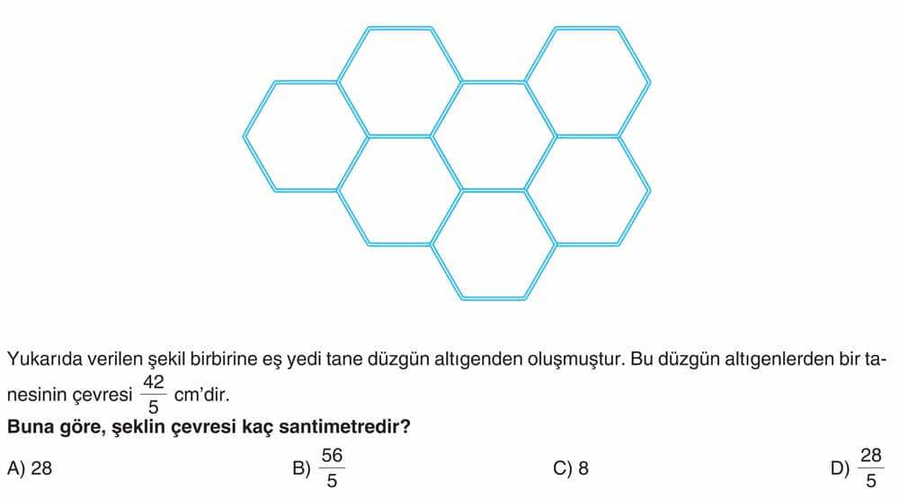Yukarıda verilen şekil birbirine eş yedi tane düzgün altıgenden oluşmuştur. Bu düzgün altıgenlerden