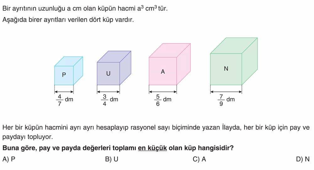 Bir ayrıtının uzunluğu a cm olan küpün hacmi a³ cm³'tür. Aşağıda birer ayrıtları verilen dört küp