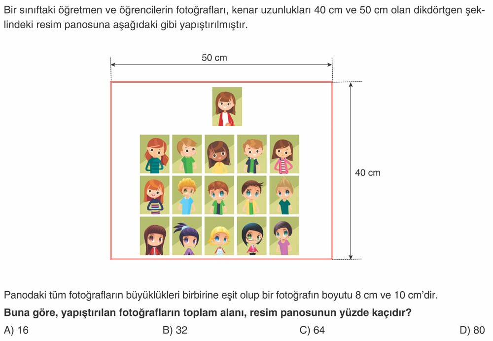 Bir sınıftaki öğretmen ve öğrencilerin fotoğrafları, kenar uzunlukları 40 cm ve 50 cm olan
