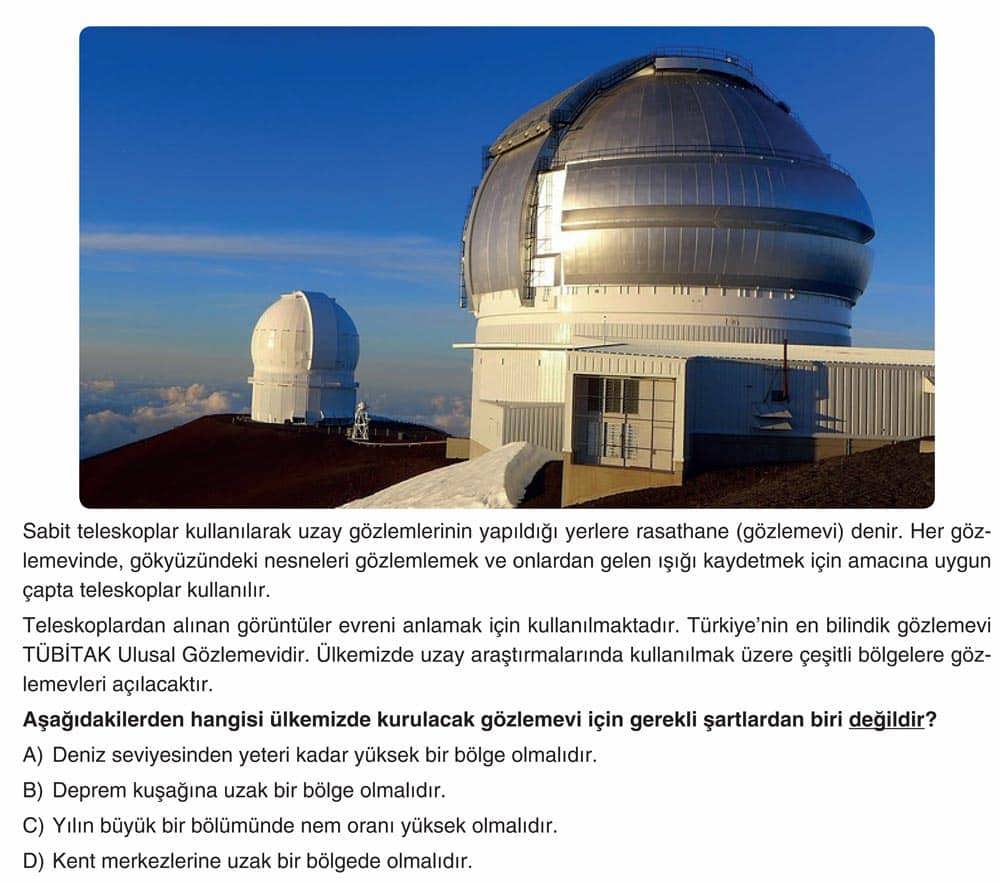 Sabit teleskoplar kullanılarak uzay gözlemlerinin yapıldığı yerlere rasathane (gözlemevi) denir. Her