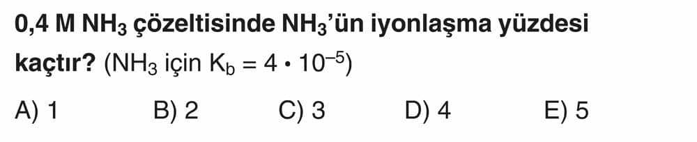 0,4 M NH₃ çözeltisinde NH₃'ün iyonlaşma yüzdesi kaçtır? (NH₃ için Kb = 4 · 10⁻⁵)