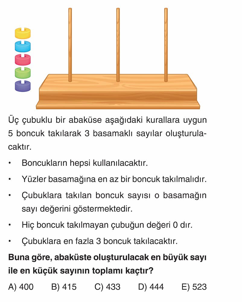 Üç çubuklu bir abaküse aşağıdaki kurallara uygun 5 boncuk takılarak 3 basamaklı sayılar