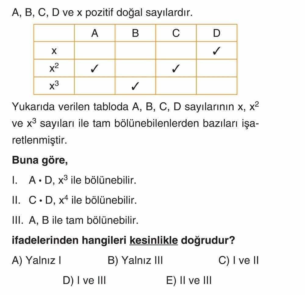A, B, C, D ve x pozitif doğal sayılardır. Yukarıda verilen tabloda A, B, C, D sayılarının x, x² ve