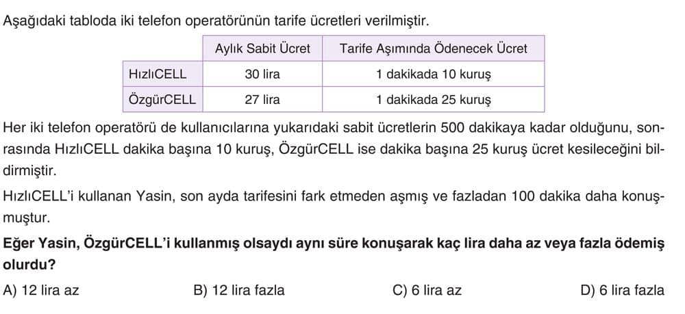 Aşağıdaki tabloda iki telefon operatörünün tarife ücretleri verilmiştir. Her iki telefon operatörü
