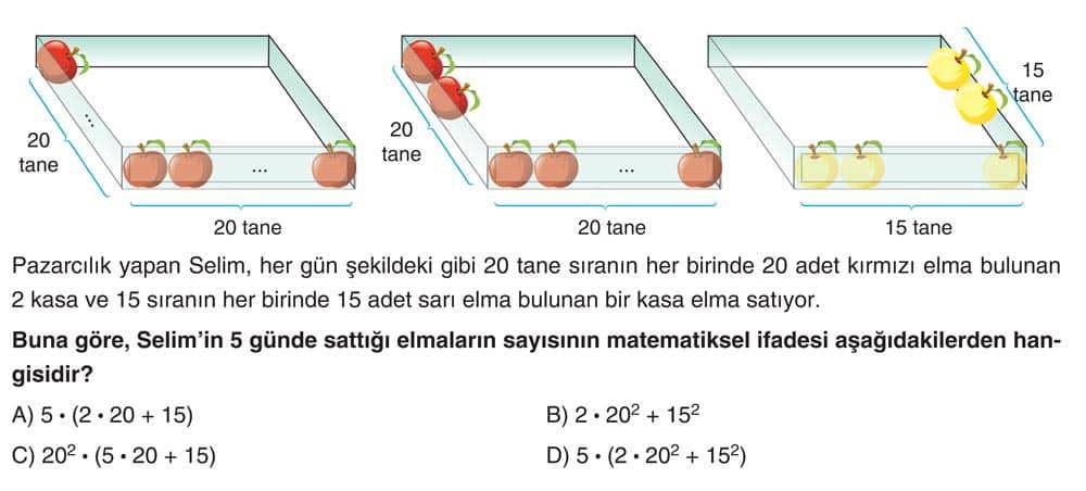Pazarcılık yapan Selim, her gün şekildeki gibi 20 tane sıranın her birinde 20 adet kırmızı elma