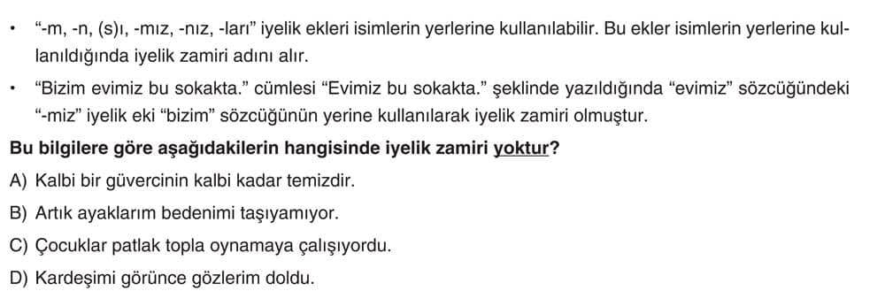 • "-mı, -mı, (ş)ı, -mız, -nız, -ları" iyelik ekleri isimlerin yerlerine kullanılabilir. Bu ekler