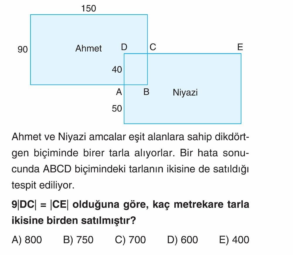 Ahmet ve Niyazi amcalar eşit alanlara sahip dikdörtgen biçiminde birer tarla alıyorlar. Bir hafta
