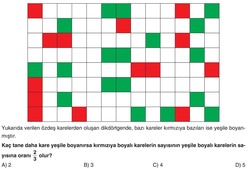 Yukarıda verilen özdeş karelerden oluşan dikdörtgende, bazı kareler kırmızıya bazıları ise yeşile
