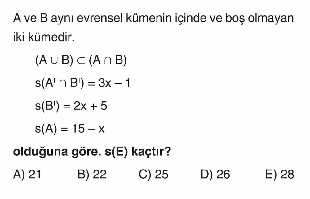 A ve B aynı evrensel kümenin içinde ve boş olmayan iki kümedir. (A ∪