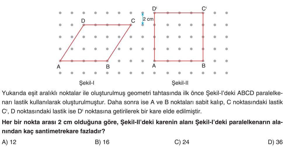 Yukarıda eşit aralıklı noktalar ile oluşturulmuş geometri tahtasında ilk önce Şekil-I'deki ABCD