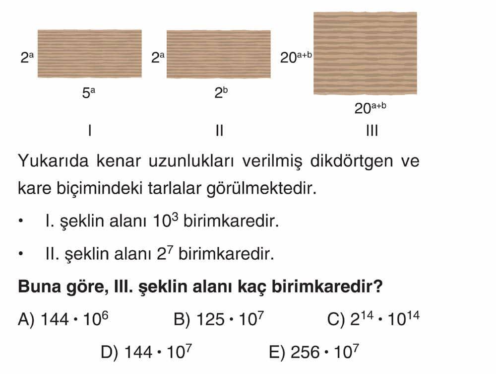 Yukarıda kenar uzunlukları verilmiş dikdörtgen ve kare biçimindeki tarlalar görülmektedir. • I