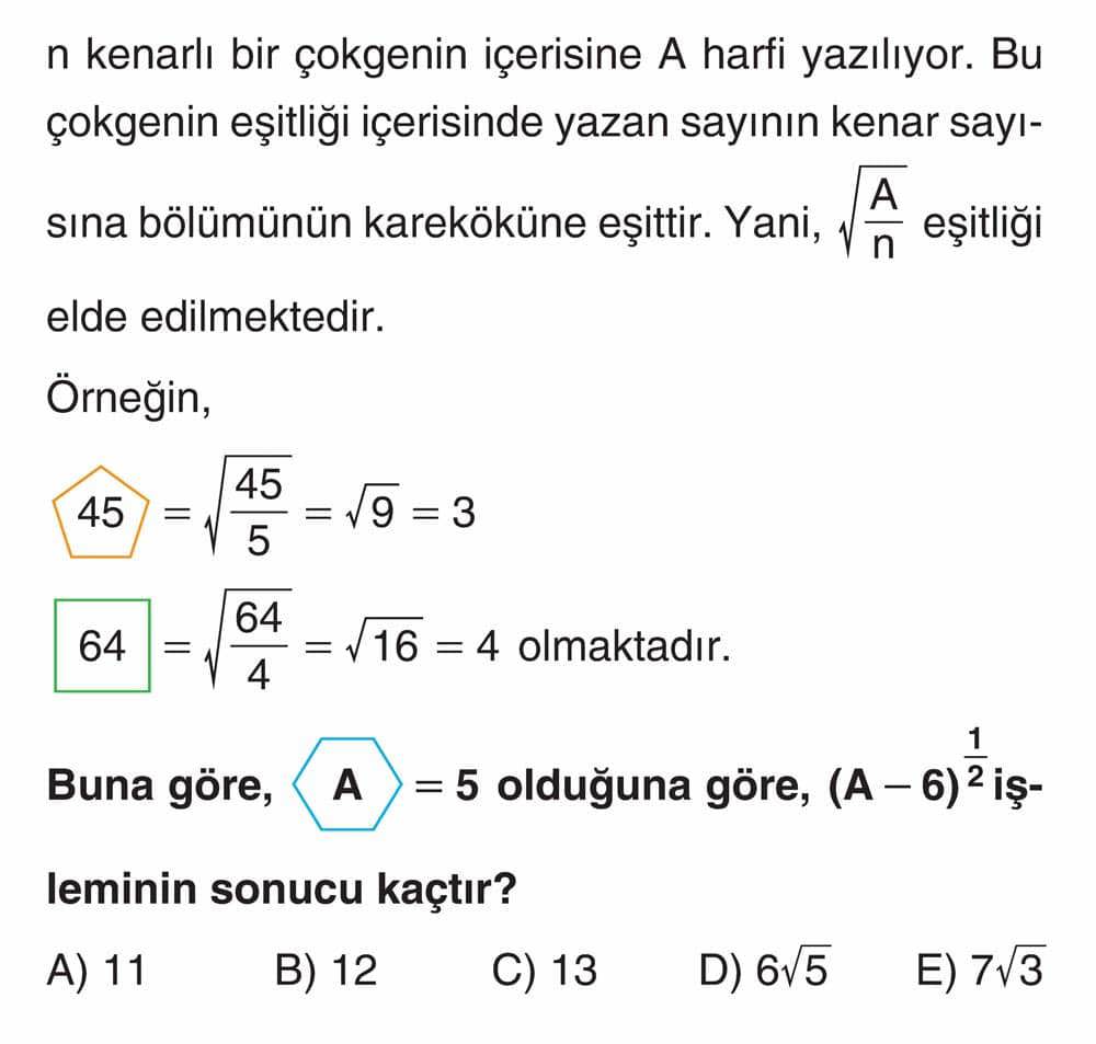 n kenarlı bir çokgenin içerisine A harfi yazılıyor. Bu çokgenin eşitliği içerisinde yazan sayının