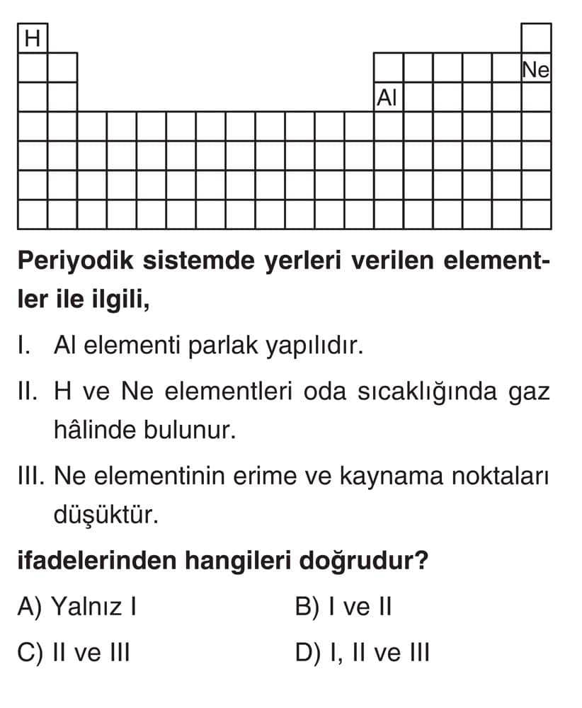 Periyodik sistemde yerleri verilen elementler ile ilgili, I. Al elementi parlak yapılıdır. II. H ve