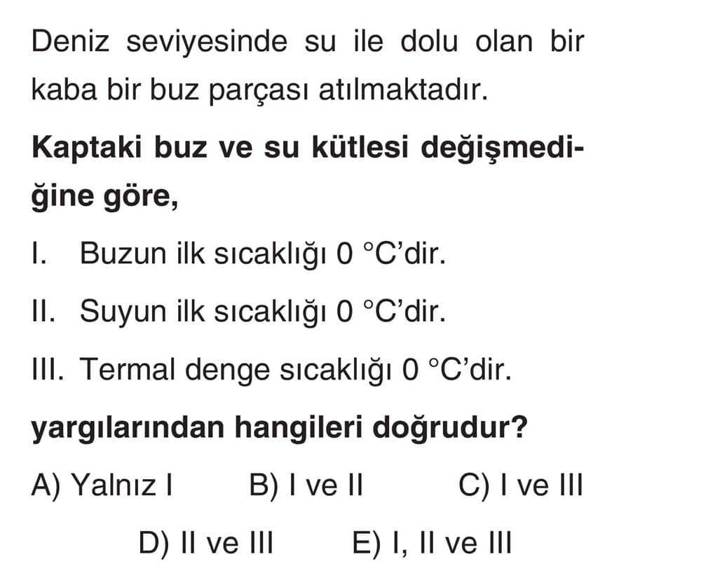 Deniz seviyesinde su ile dolu olan bir kaba bir buz parçası atılmaktadır. Kaptaki buz ve su kütlesi