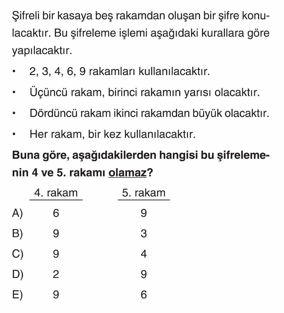 Şifreli bir kasaya beş rakamdan oluşan bir şifre konulacaktır. Bu şifreleme işlemi aşağıdaki
