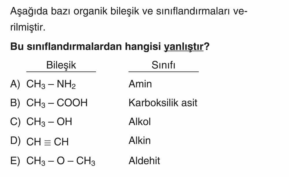 Aşağıda bazı organik bileşik ve sınıflandırmaları verilmiştir. Bu sınıflandırmalardan hangisi