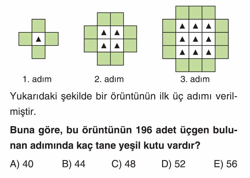 Yukarıdaki şekilde bir örüntünün ilk üç adımı verilmiştir. Buna göre, bu örüntünün 196 adet üçgen