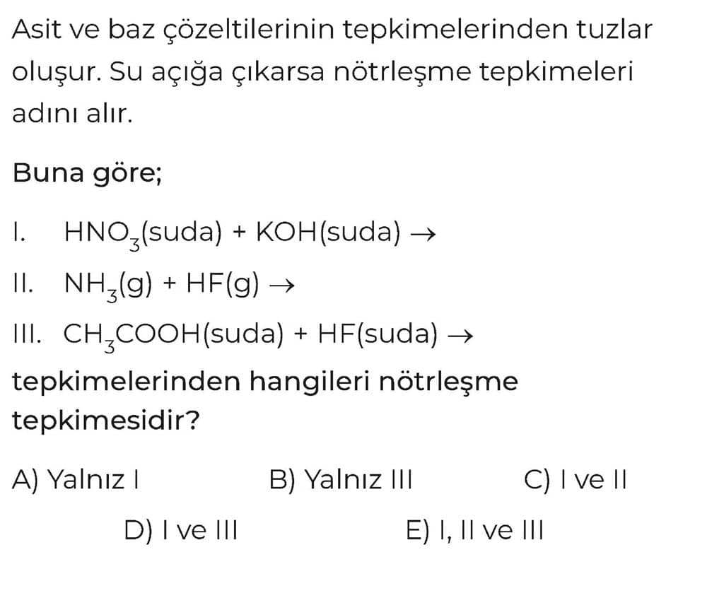 Asit ve baz çözeltilerinin tepkimelerinden tuzlar oluşur. Su açığa çıkarsa nötrleşme tepkimeleri