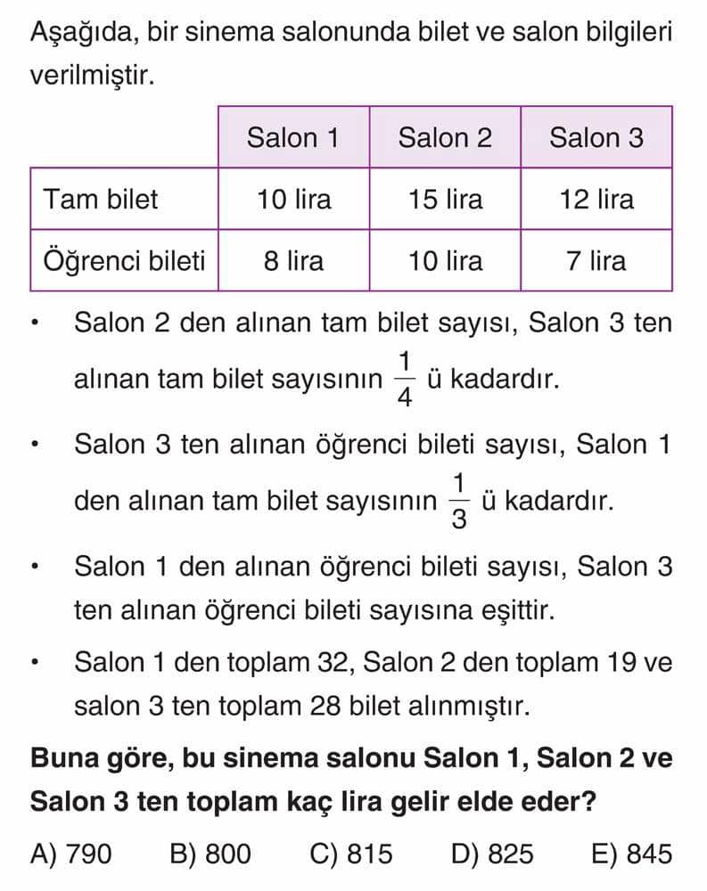 Aşağıda, bir sinema salonunda bilet ve salon bilgileri verilmiştir. • Salon 2 den alınan tam bilet
