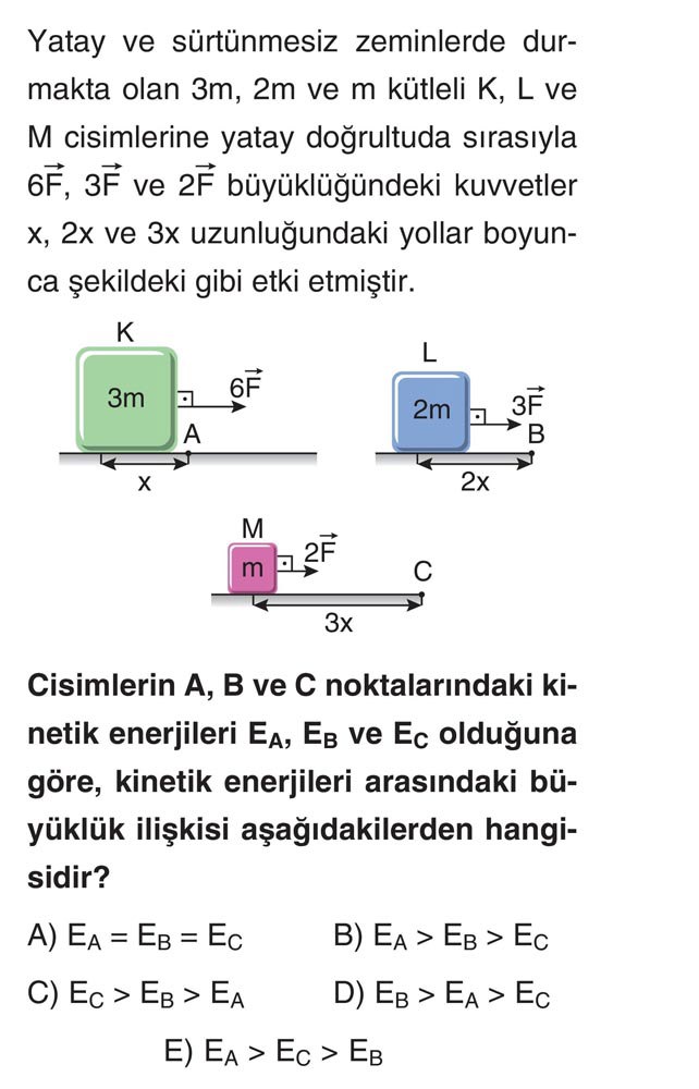 Yatay ve sürtünmesiz zeminlerde durmakta olan 3m, 2m ve m kütleli K, L ve M cisimlerine yatay