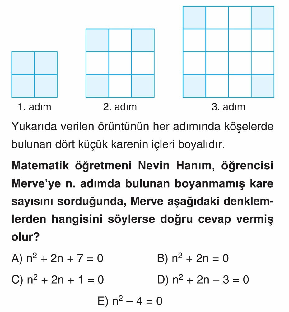 Yukarıda verilen örüntünün her adımında köşelerde bulunan dört küçük karenin içleri boyalıdır